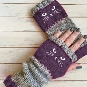 Purple Kitty Fingerless Mittens